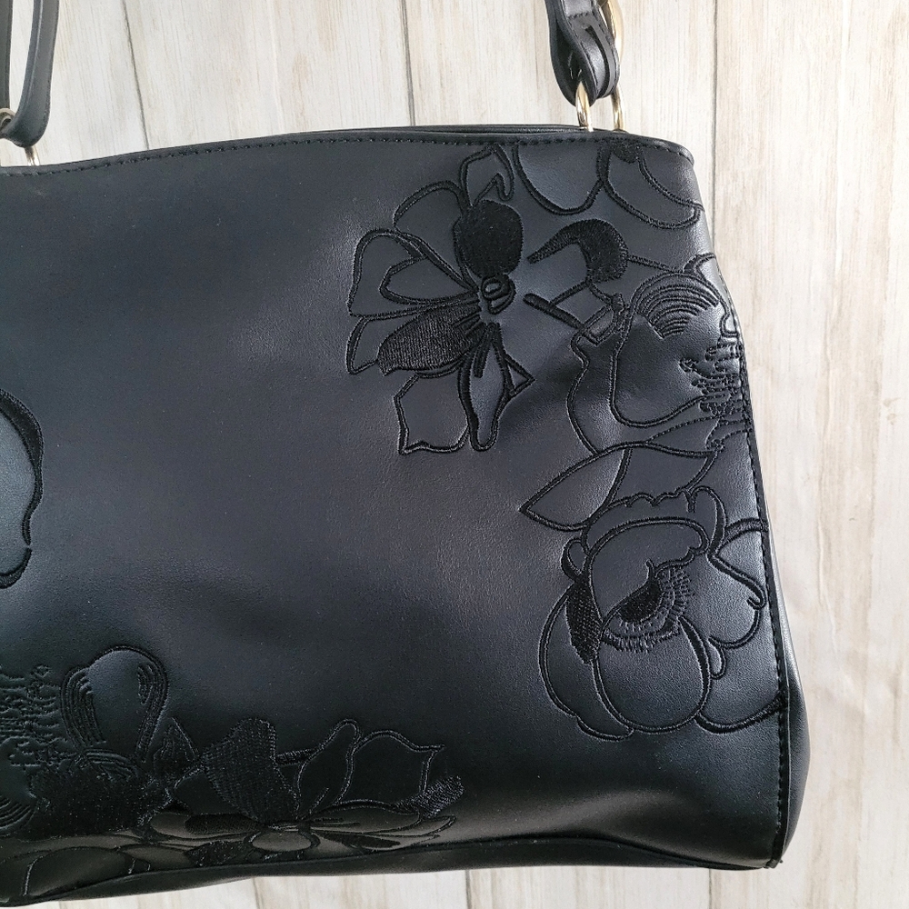 Nanette Lepore Black Floral Embroidered Convertible Crossbody Bag Faux Leather - Picture 5 of 16